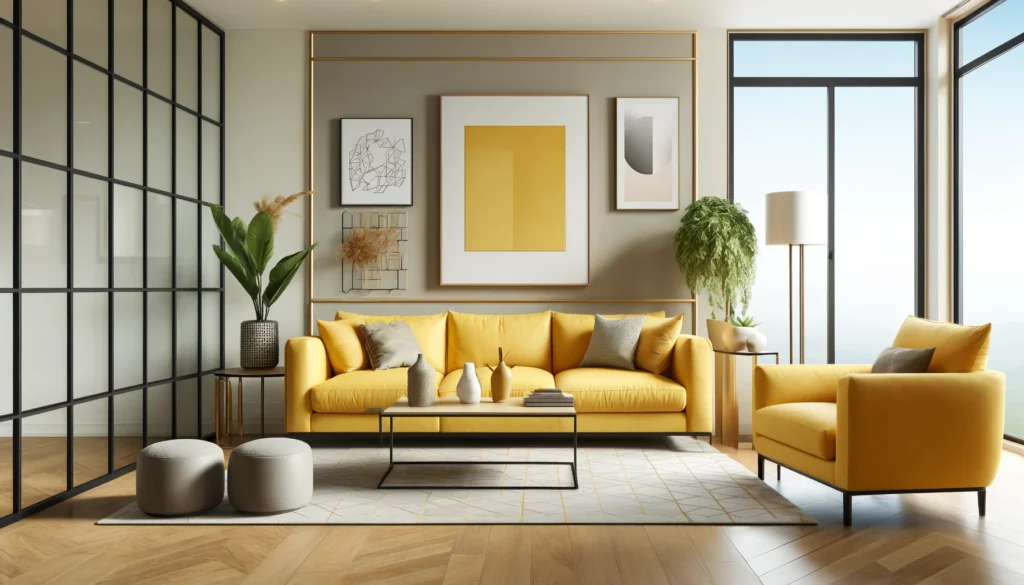 a modern living room with butter yellow furniture as the focal point
