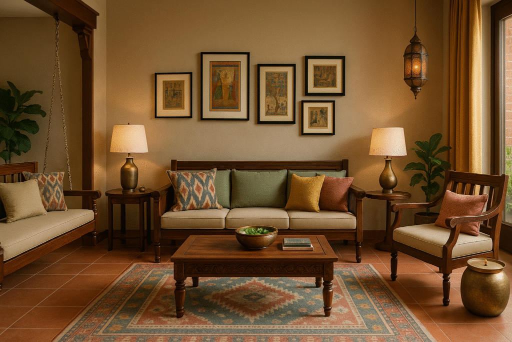 A cozy Indian-style living room blending tradition with modern trends.