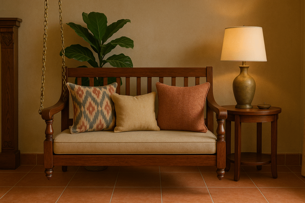 Rich, warm traditional Indian furniture made of teak, rosewood or mango wood.