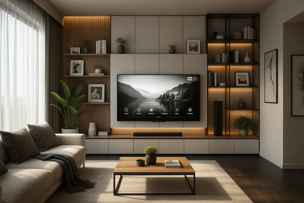 Modern living room with a floating TV unit as the focal point, featuring built-in LED lighting, matte finish, and a blend of open and closed shelving for decor and storage, creating a cozy and stylish ambiance with neutral colors and indoor plants.