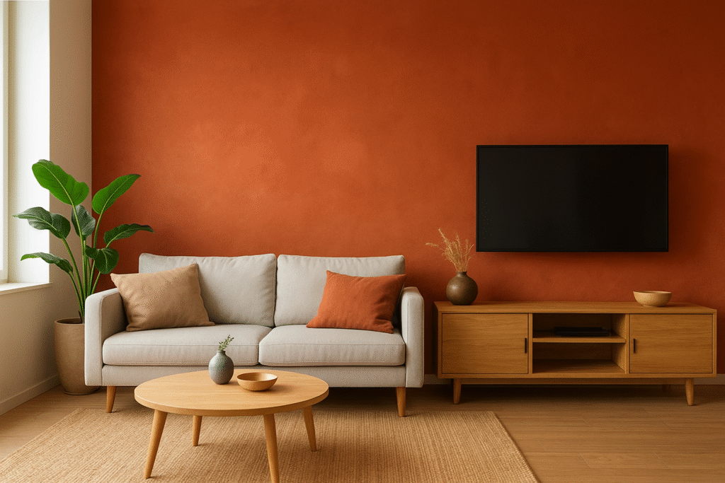 Earthy tones in Indian homes with terracotta accent wall