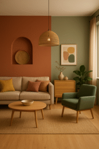 “Modern Indian living room styled with the Colour Palettes of 2025 including terracotta, sage, and mustard tones.”