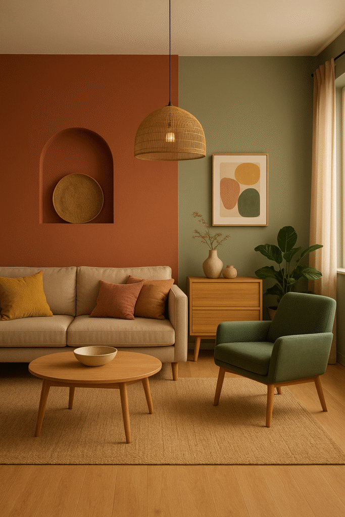 “Modern Indian living room styled with the Colour Palettes of 2025 including terracotta, sage, and mustard tones.”