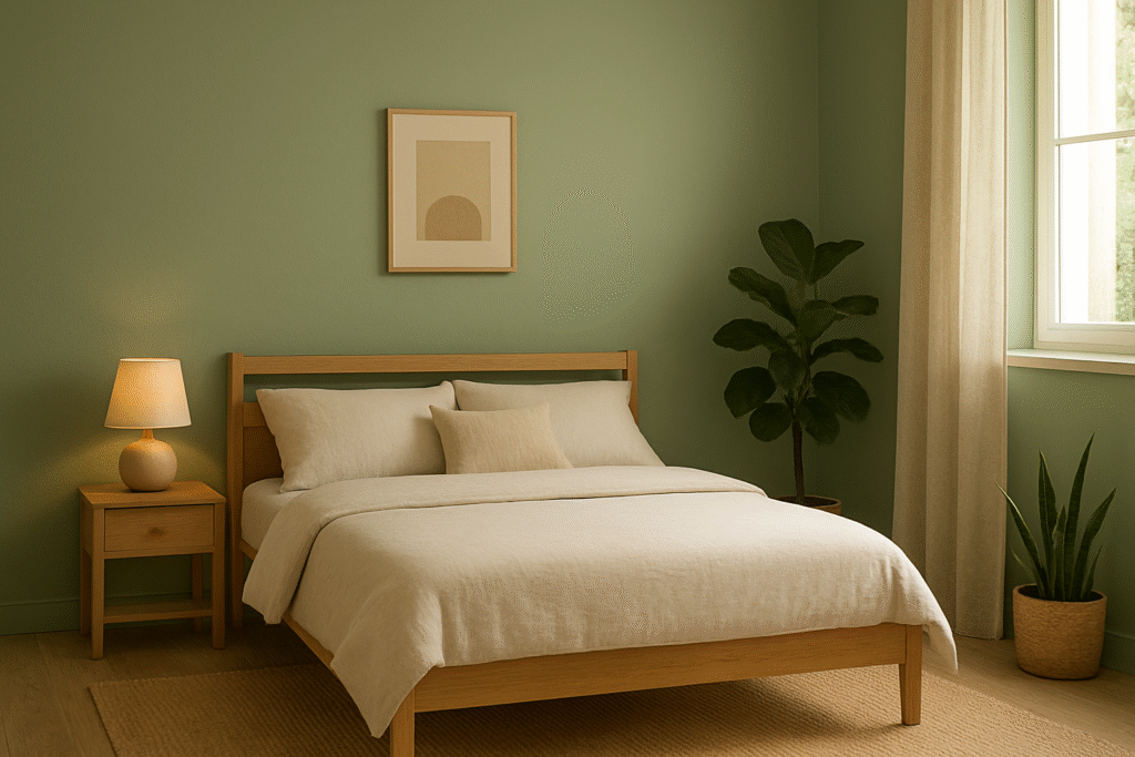 “Sage green bedroom highlighting the Colour Palettes of 2025 with calm, natural tones.”