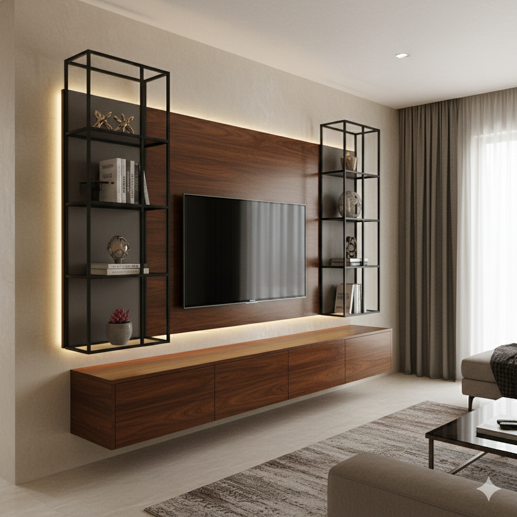 Sleek modern TV unit with wall-mounted design, featuring built-in storage cabinets, open shelving, and ambient lighting. The design uses a combination of wood and metal materials, offering a minimalist and contemporary look, ideal for Indian living rooms in 2025