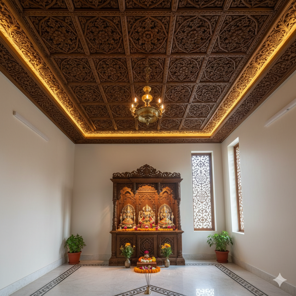 Luxurious pooja room interior with intricately designed wooden ceiling featuring ornate carvings and patterns, enhanced by warm ambient lighting. The space includes traditional decor elements like brass idols, carved pillars, and wall art, creating a serene and spiritual atmosphere