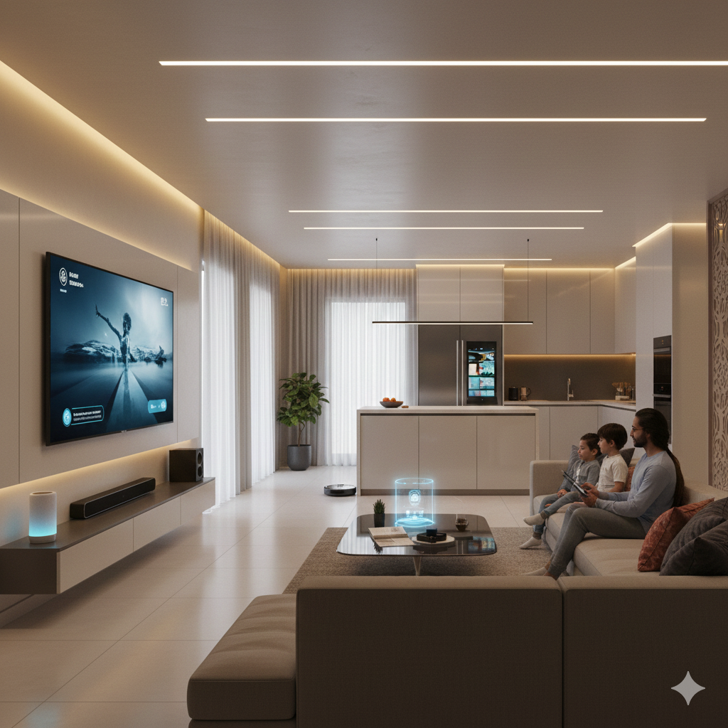 Modern living room with integrated smart home technology, featuring a sleek wall-mounted TV, ambient lighting, and minimalist furniture. The space includes a cozy sectional sofa, a round coffee table, and a dining area with contemporary chairs. Wooden accents, indoor plants, and large windows create a bright, welcoming atmosphere, ideal for 2025 Indian home interiors